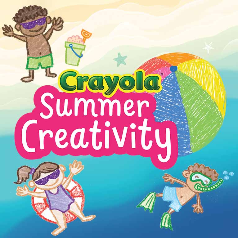 Crayola Summer Creativity with beach ball and Crayola Crayon drawings of kids swimming 