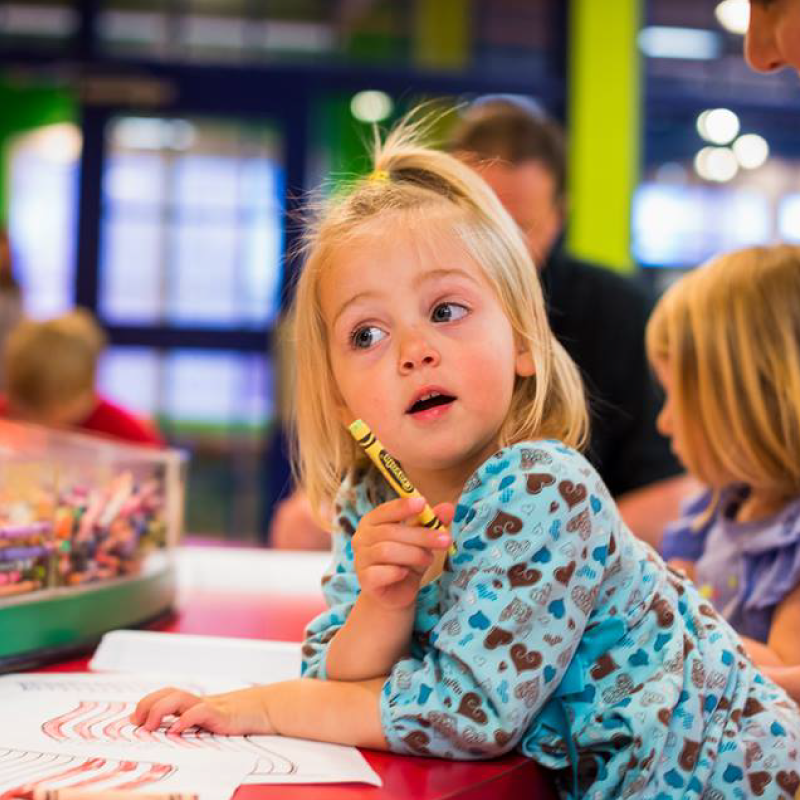 Girl holding crayola crayon at massive crayon caddy