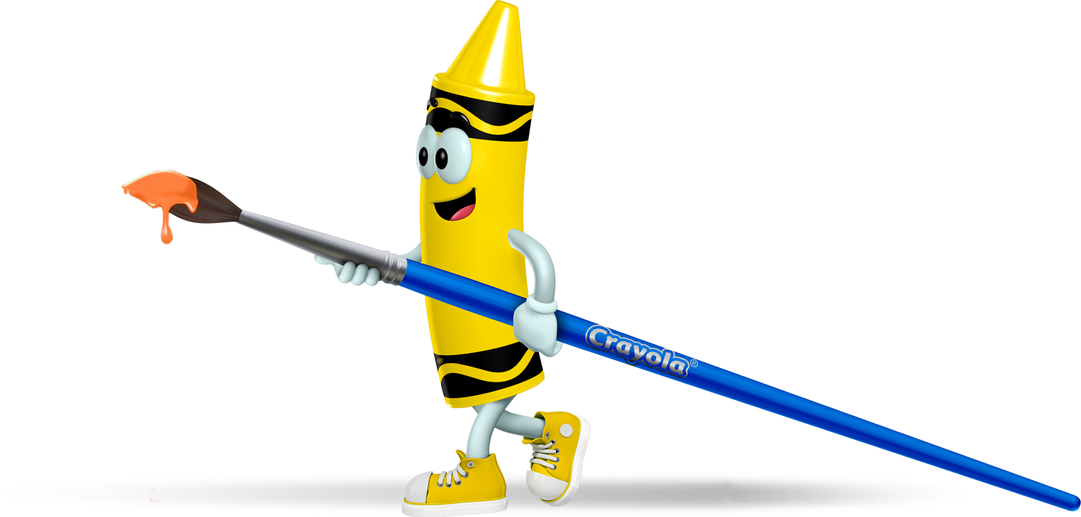 Yellow crayon cartoon character holding a paint brush