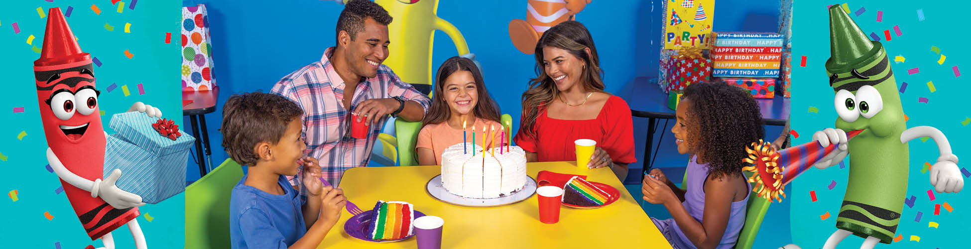 Family celebrating a birthday party at Crayola Experience