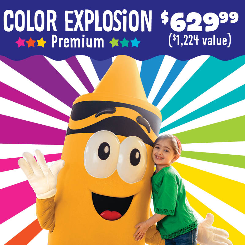 Child posing with a crayon character