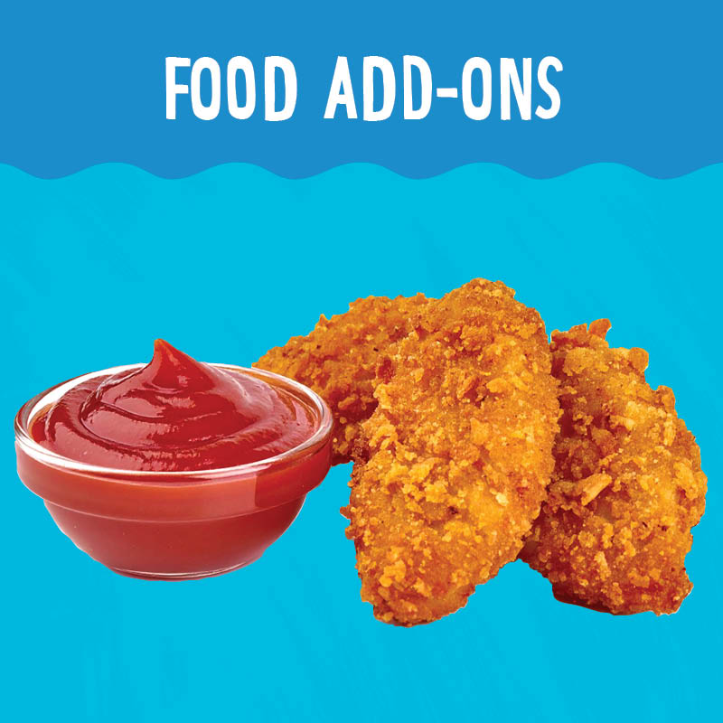 Chicken tenders and ketchup on a blue background with text "food add-ons"