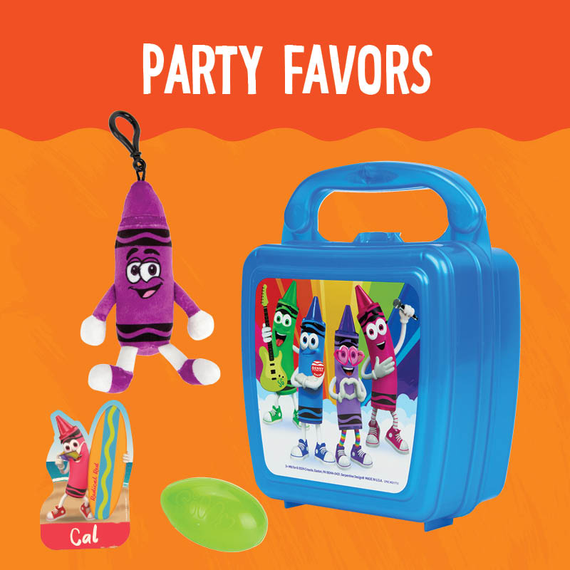 A crayola lunch box, plush keychain, silly putty egg, and sticker