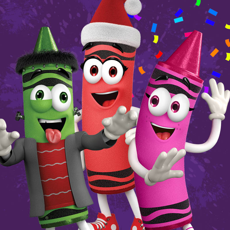 Three holiday crayon characters