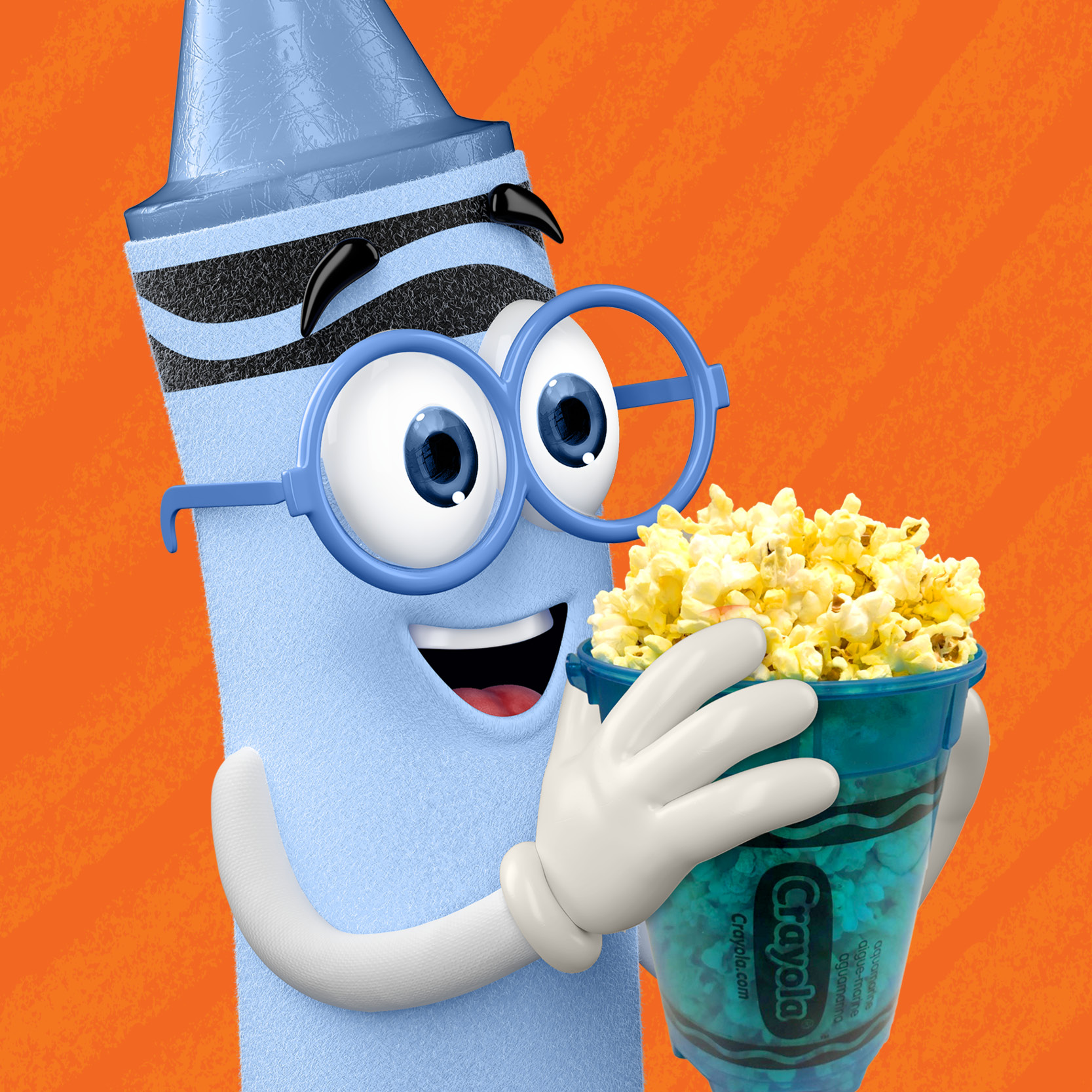 Character holding a souvenir popcorn bucket