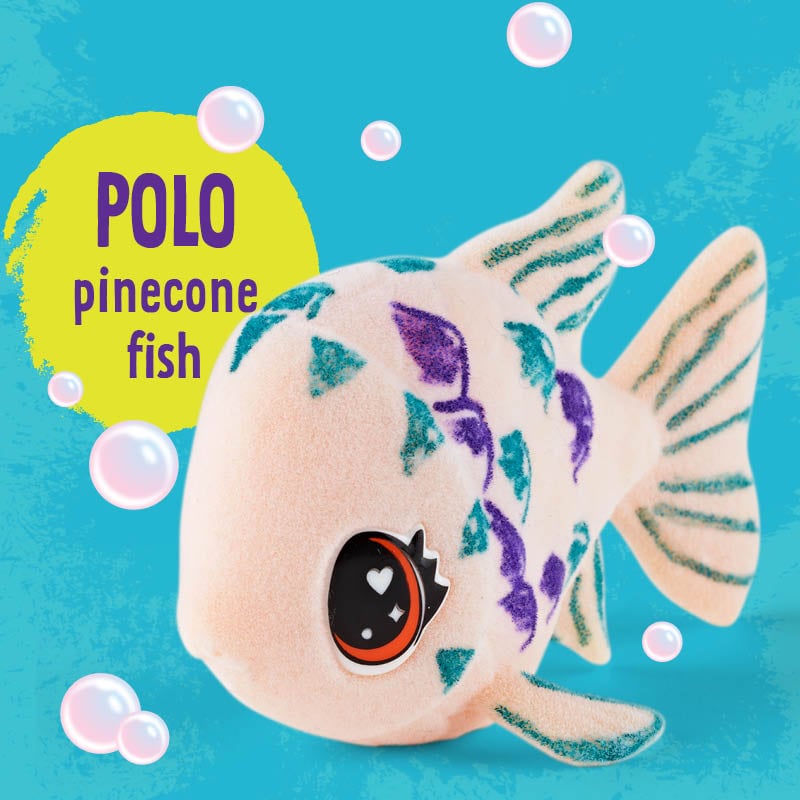 Polo the Pinecone Fish Scribble Scrubbie on a blue background