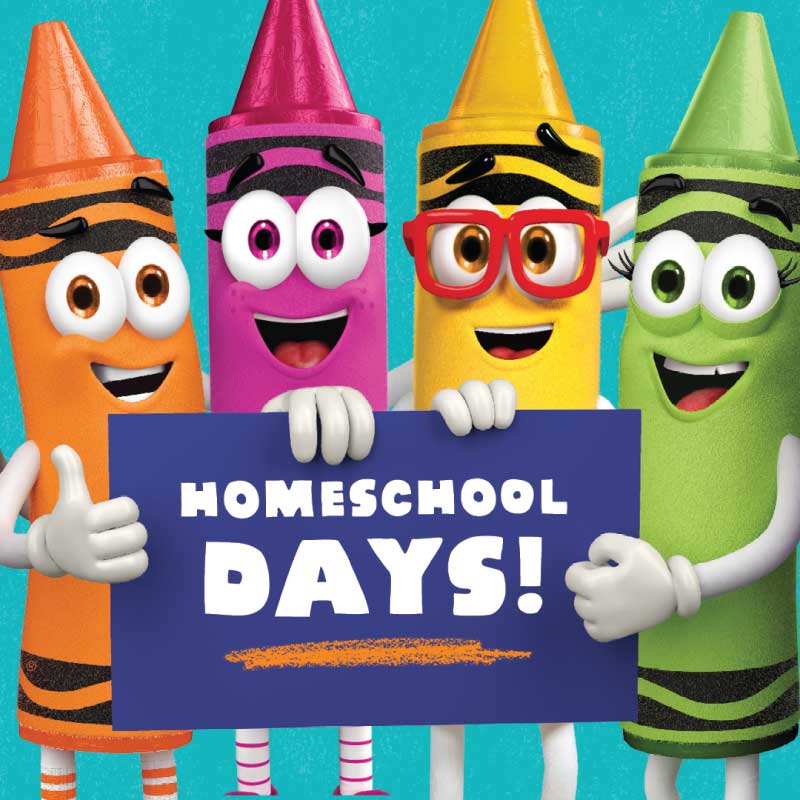 Crayon characters holding a sign that reads "Homeschool Days!"