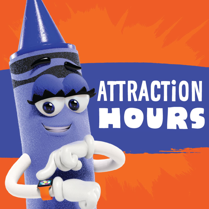 Blue crayon character with a watch and text "Attraction Hours"