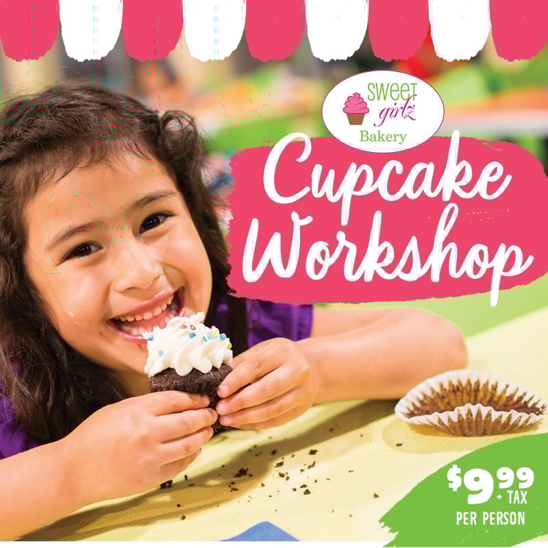 "Cupcake Workshop" with child eating a cupcake