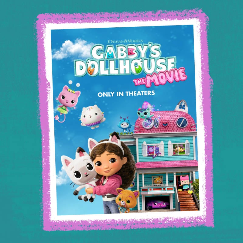 Gabby's Dollhouse movie poster on a blue background