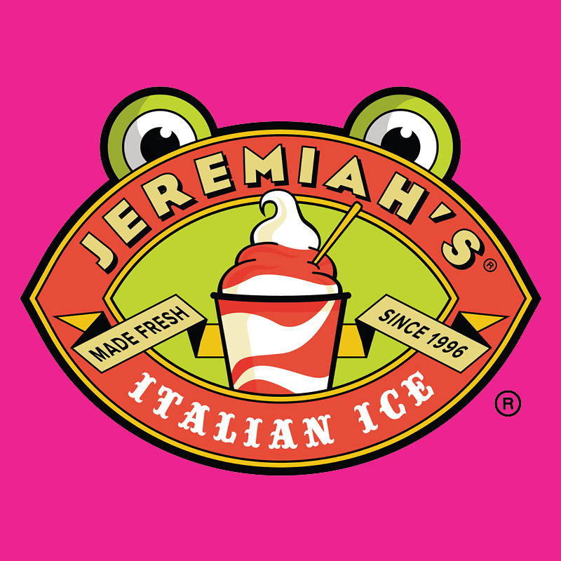 Jeremiah's Ice logo on a pink background