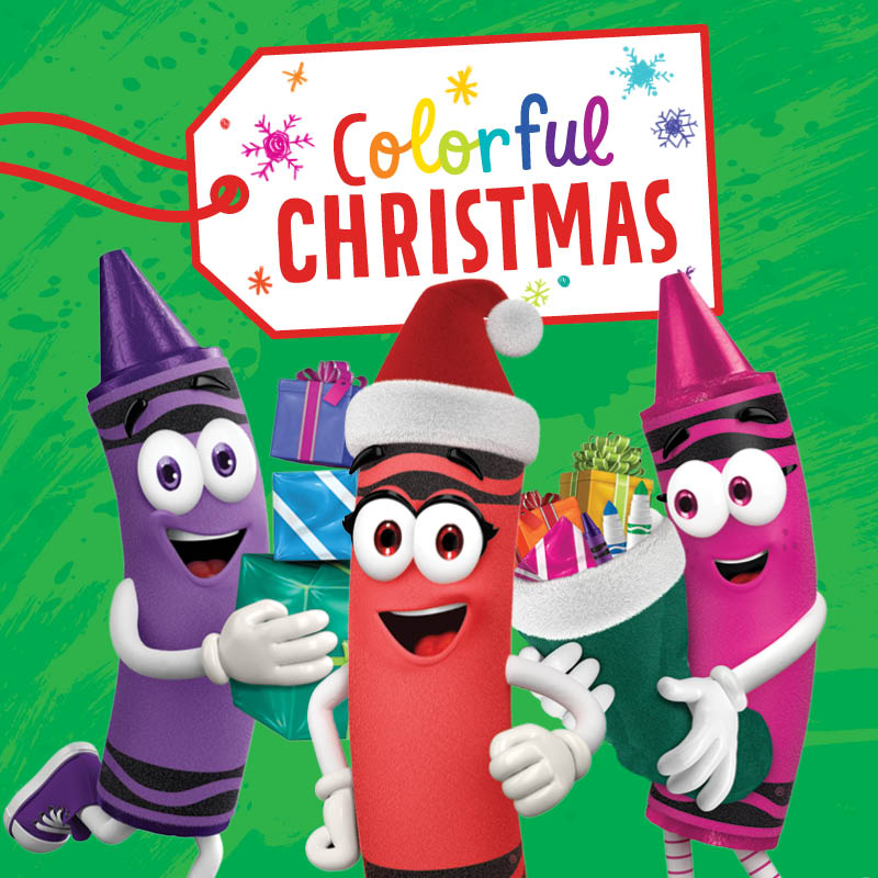 Crayon characters decked out for the holidays with text "Colorful Christmas"