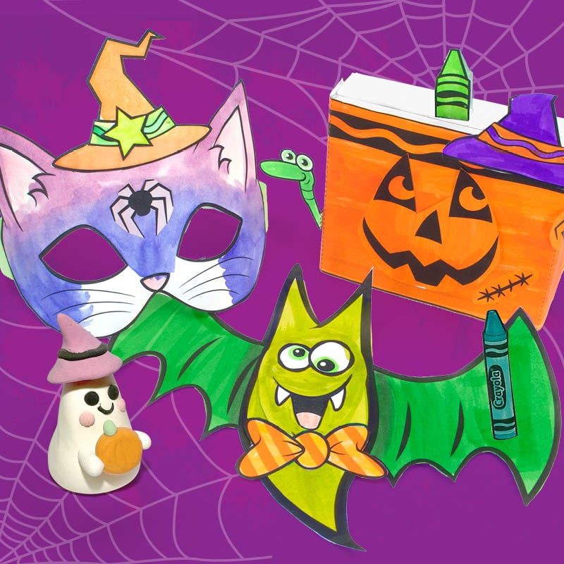 Halloween themed crafts on a purple background