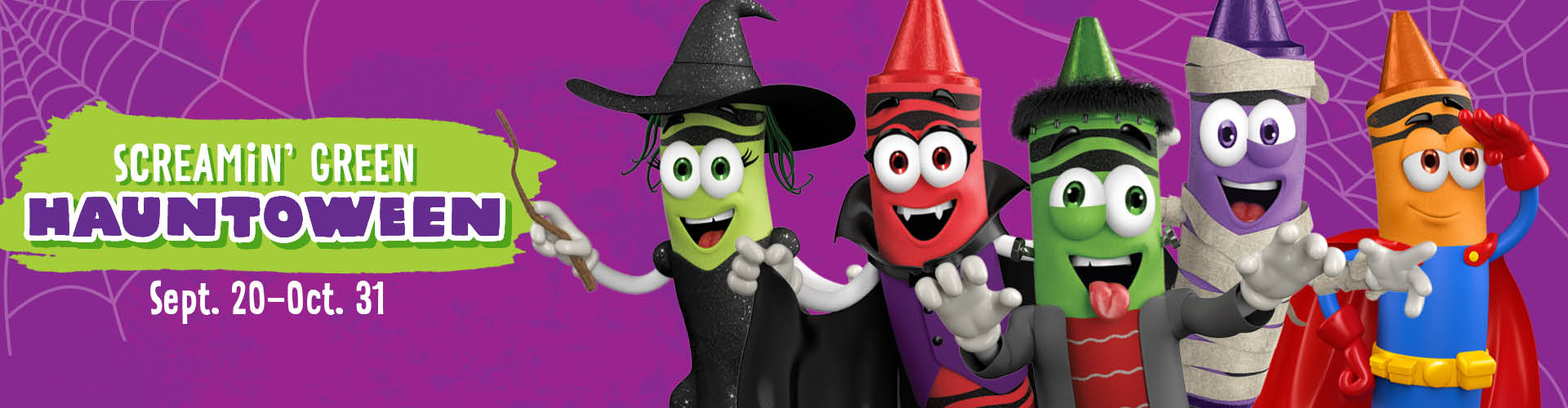 Halloween crayon characters with text "Screamin' Green Hauntoween Sept. 20 - Oct. 31"