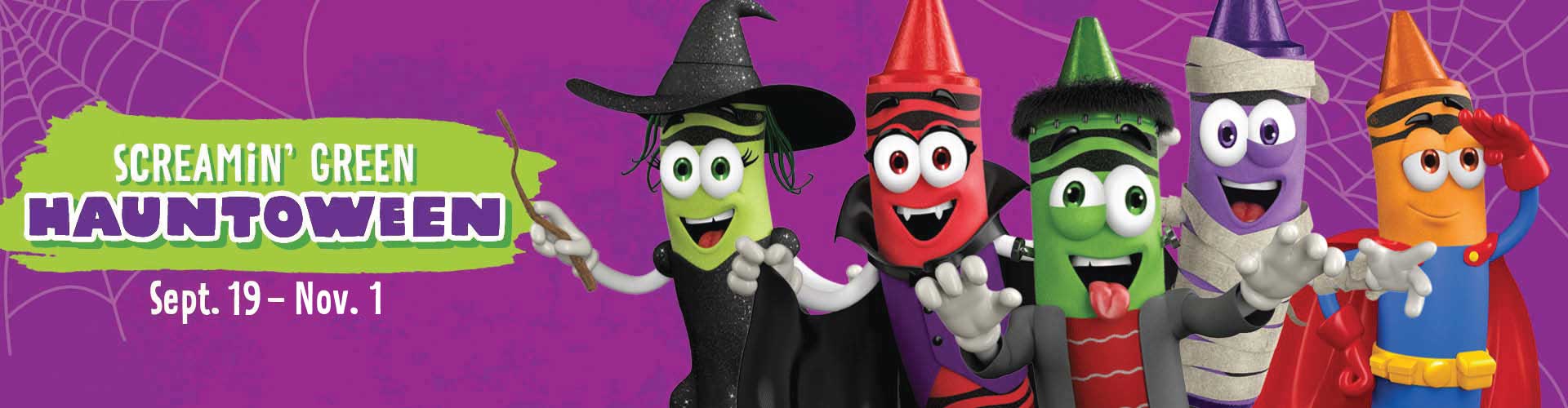 Halloween crayon characters with text "Screamin' Green Hauntoween Sept. 20 - Oct. 31"