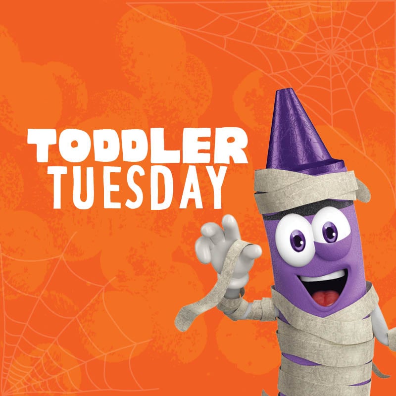 "Toddler Tuesday" text with halloween character