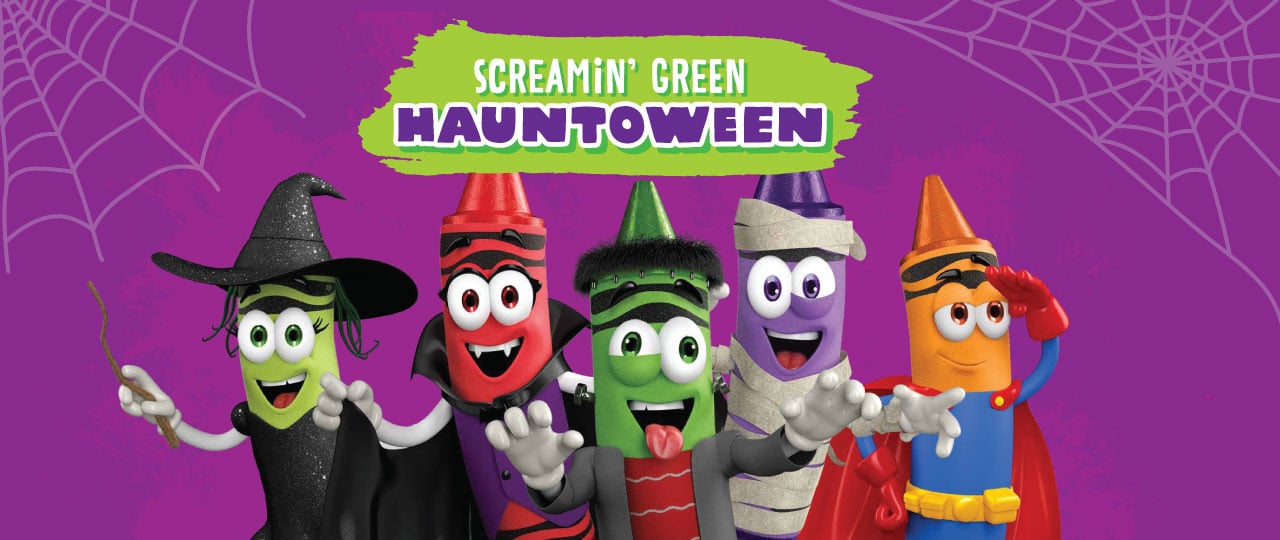Crayon characters dressed up for Halloween with "Screamin' Green Hauntoween" logo