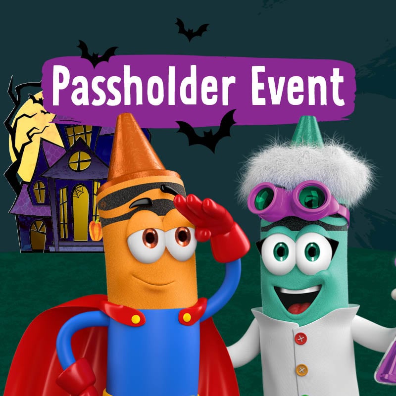 Two crayon characters dressed up for Halloween with text "Passholder Event"