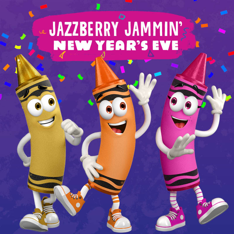 Crayon characters celebrating with text "Jazzberry Jammin' New Year's Eve"