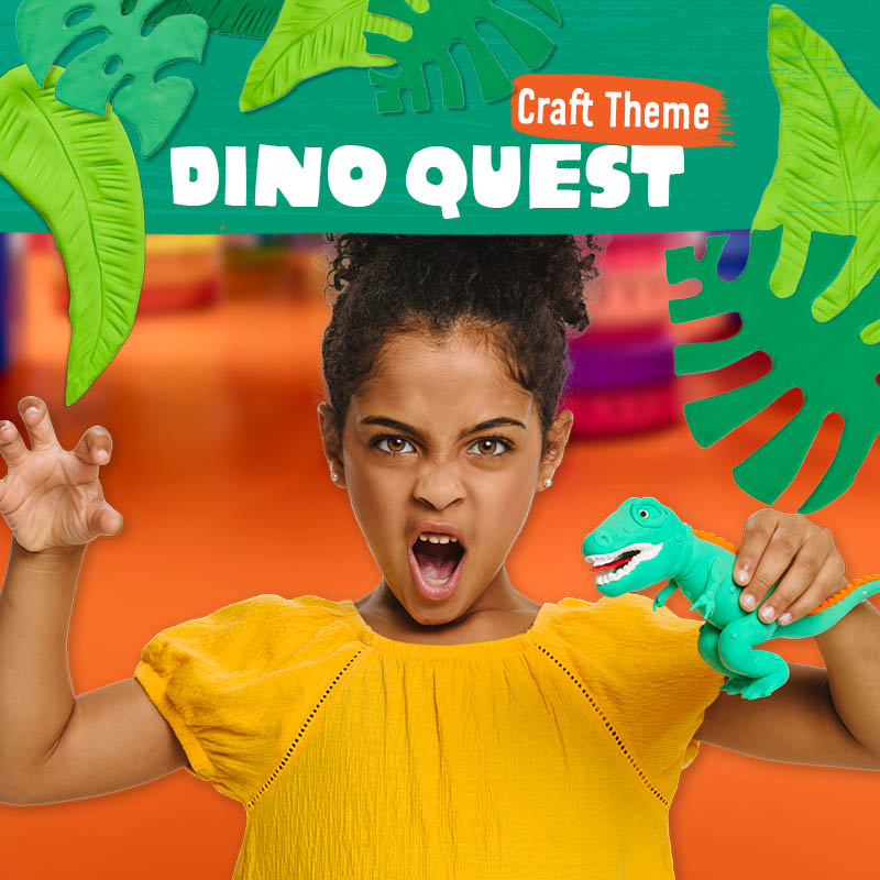 Child holding a Model Magic dinosaur with the text "Dino Quest Craft Theme"