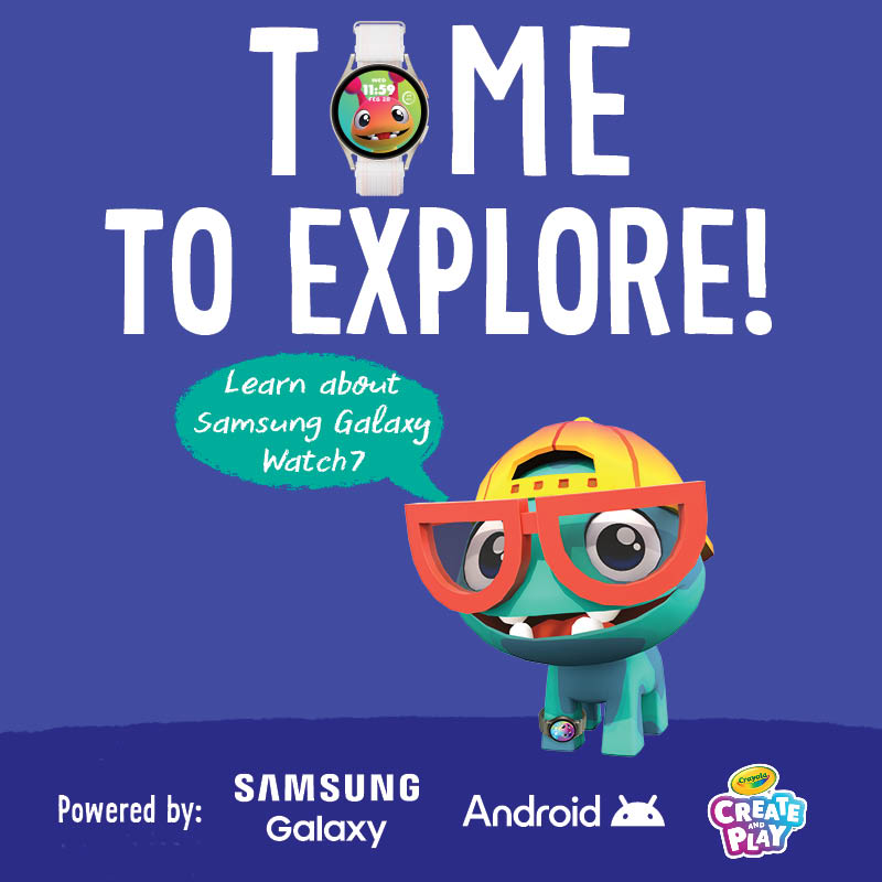 Text "Time to explore! - learn about samsung galaxy watch7" on a blue background