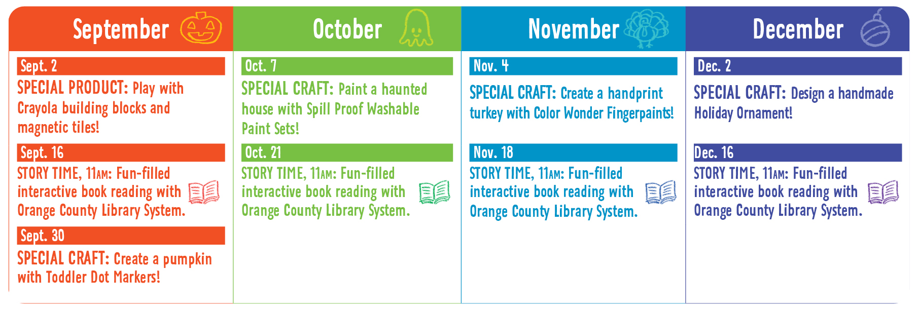 Calendar with upcoming Toddler Tuesday dates