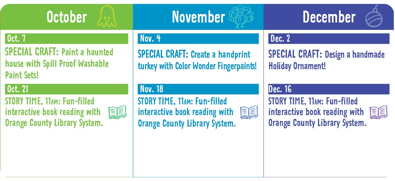 Orlando-Toddler-Tuesday-Calendar-Oct-Dec Calendar showing schedule of upcoming event dates