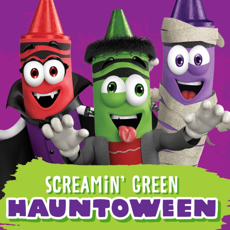 Crayon characters dressed up in Halloween costumes with text "Screamin' Green Hauntoween"