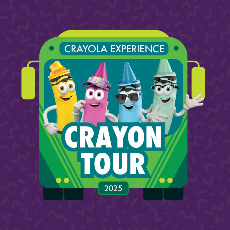 Vintage bus with four crayon characters inside, text reads "Crayon Tour 2025"