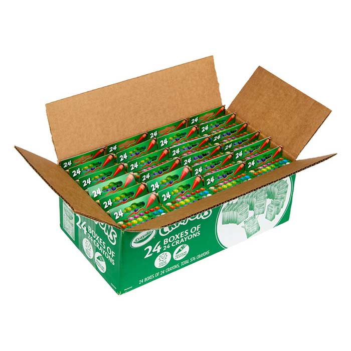 Bulk 24 Box Classpack of 24 Crayons packaging with top open showing 24 individual boxes.