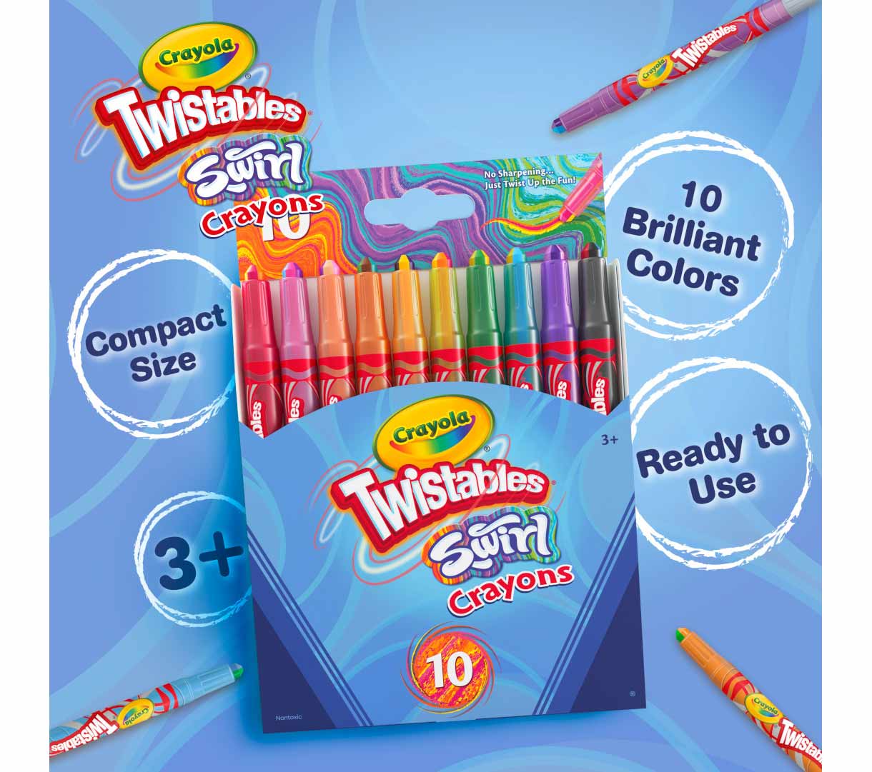 Swirl Mini Twistable Crayons  10 count. Compact size. 10 brilliant colors. Ready to use. 3 and up.