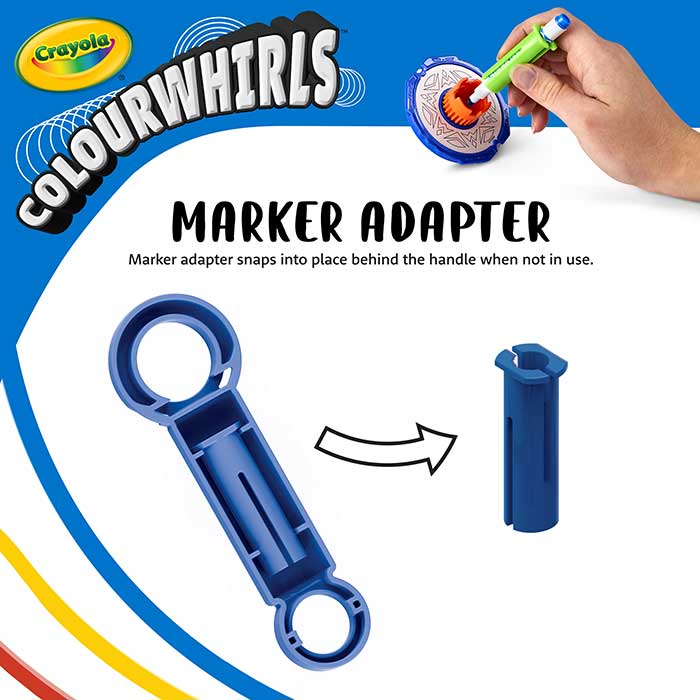 Colourwhirls marker adapter. Marker adapter snaps into place behind the handle when not in use.